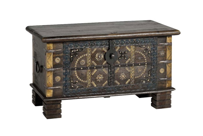 GINER Y COLOMER - Coffre de rangement en bois de manguier massif couleur marron foncé - Décor ancien avec détails en bronze et métal - Dimensions : 80 x 40 x 46 cm